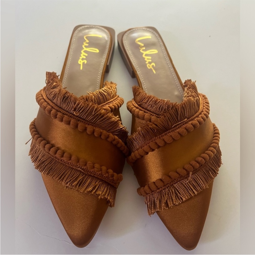 Lulus Leryn Copper Satin Fringe Pointed-Toe Mule Slides